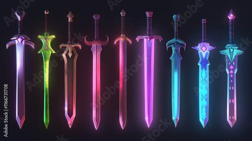 Collection of glowy fantasy swords, each with unique designs and vibrant colors. Colorful, magical and otherworldly swords. Video game assets. 