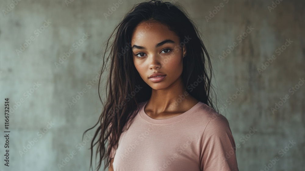 Stylish young female model stands confidently in a plain pink tee before a concrete backdrop Stylish young female model stands confidently in a plain pink tee before a concrete backdrop