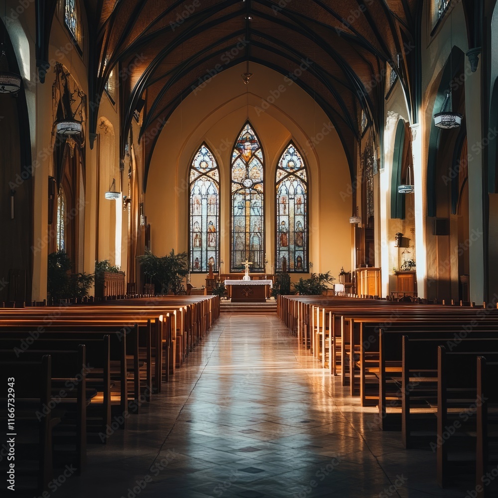 Fototapeta premium Serene Interior of a Gothic Church with Stained Glass Windows