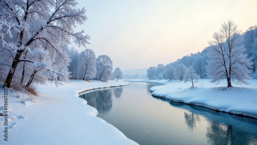 Serene Winter River Landscape Snow-Covered Trees and Tranquil Waters Reflecting a Peaceful Dawn Serene Winter River Landscape Snow-Covered Trees and Tranquil Waters Reflecting a Peaceful Dawn