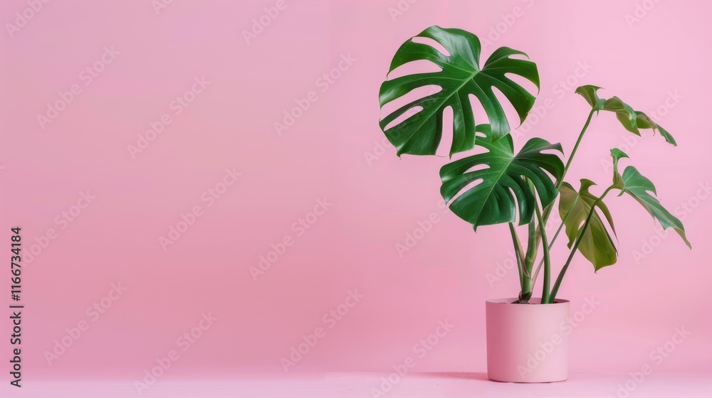 Monstera deliciosa plant in pink pot against pink background. Monstera deliciosa plant in pink pot against pink background.