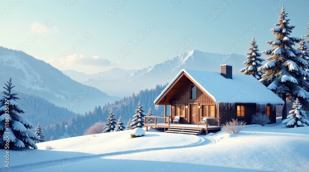 Serene Wooden Cabin nestled in a Snowy Mountain Winter Wonderland, offering peace and tranquility Serene Wooden Cabin nestled in a Snowy Mountain Winter Wonderland, offering peace and tranquility