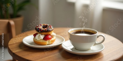 Wallpaper Mural A delightful confection, a chocolate-glazed donut topped with whipped cream and strawberries, sits beside a steaming cup of coffee on a warm wood table Torontodigital.ca