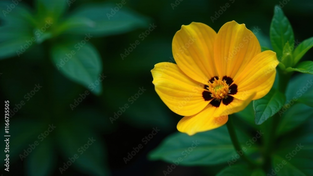 Vibrant Yellow Flower with Dark Center Blossom Close-Up on Lush Green Foliage Vibrant Yellow Flower with Dark Center Blossom Close-Up on Lush Green Foliage