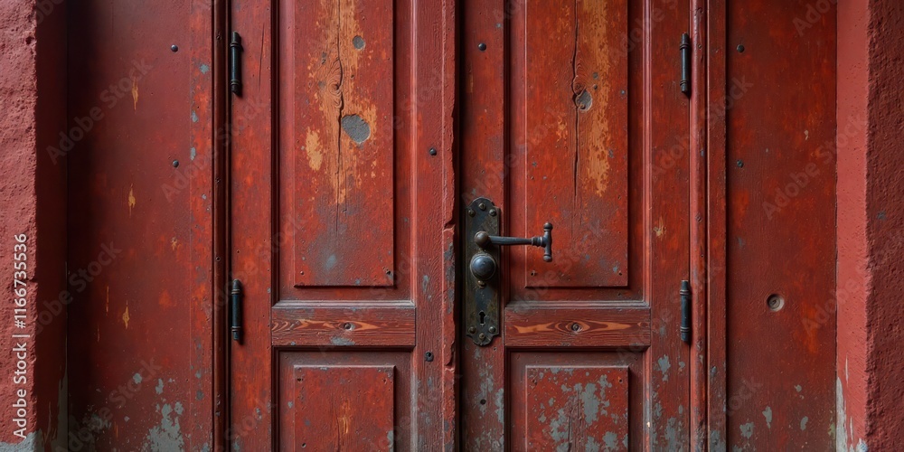 A weathered, reddish-brown double door with a dark metal handle and aged hinges, showing signs of wear and discoloration, set within a slightly textured wall A weathered, reddish-brown double door with a dark metal handle and aged hinges, showing signs of wear and discoloration, set within a slightly textured wall