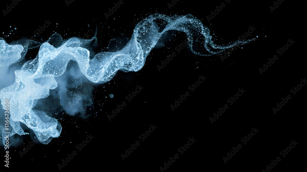Obraz premium Glitter mist. Paint water splash. Magic spell. Blue silver gray color gradient shiny vapor veil wave on black abstract art background with free space.