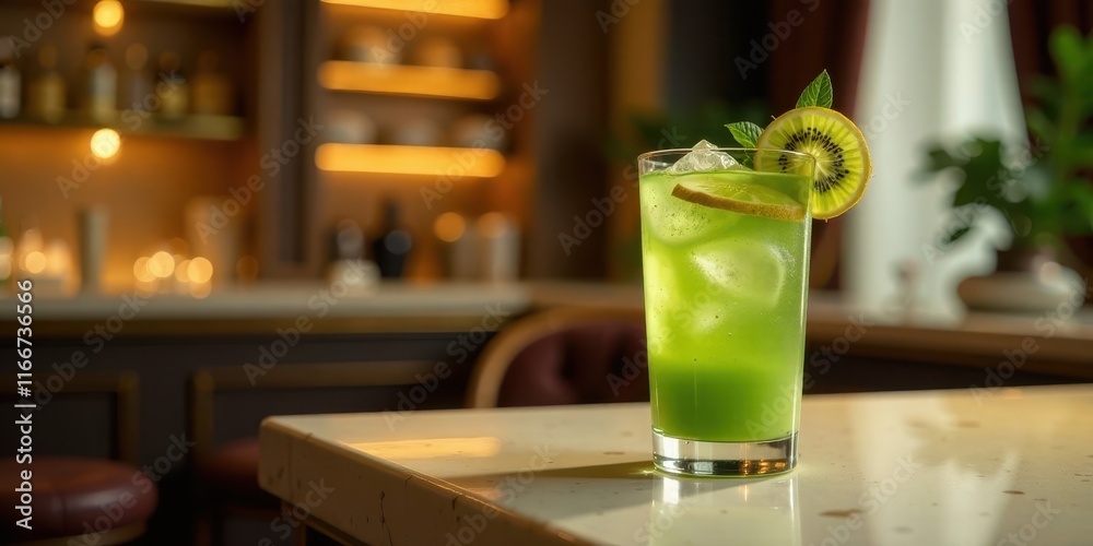 Refreshing Green Citrus Beverage with Ice Cubes in a Tall Glass on a Tabletop Refreshing Green Citrus Beverage with Ice Cubes in a Tall Glass on a Tabletop