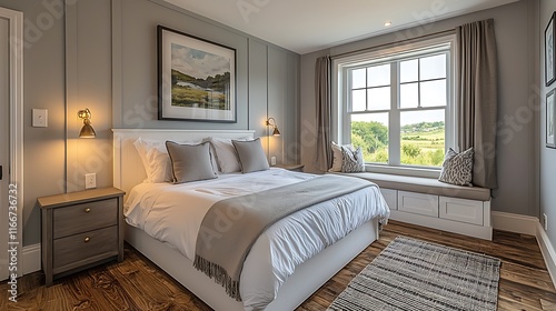 Modern bedroom with large window, hardwood floors, and neutral decor. photo