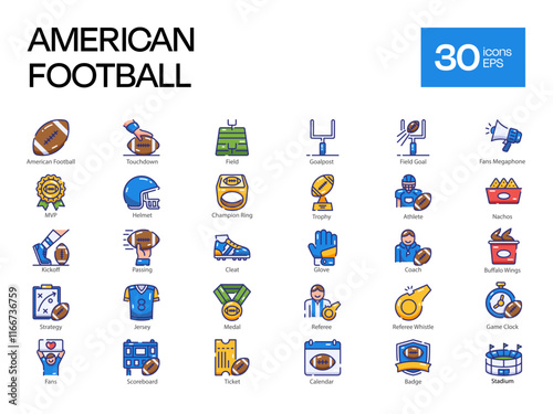 Set of 30 American Football Icons, Including Athlete, Badge, Champion Ring, and More – Vector Illustrations
