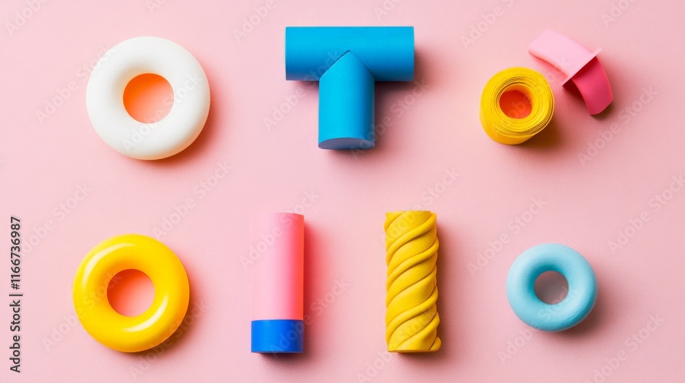 Fototapeta premium Colorful Paper Cutouts on Pastel Surface Arrangement