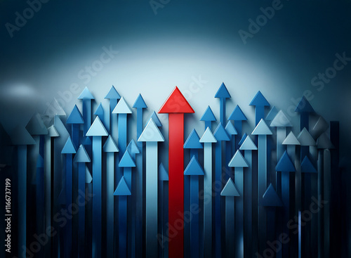 A single red arrow ascends above a multitude of blue arrows, symbolizing leadership, success, and standing out from the crowd.  It represents achieving goals and exceeding expectations.