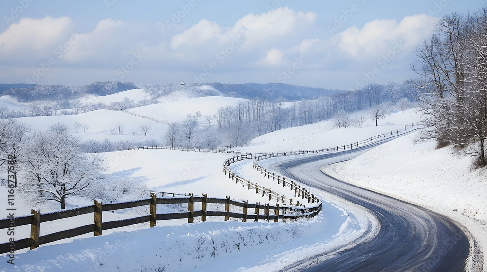 A scenic view of snow-covered hills with wooden fences and a winding country road