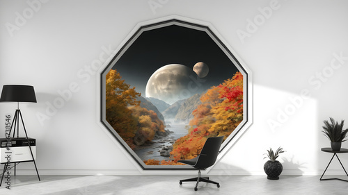 looking out from an chic black and white office through a large hexagon-shaped window overlooking a valley with a river filled with autumnal trees with vibrant colored leaves planet with two moons rea photo