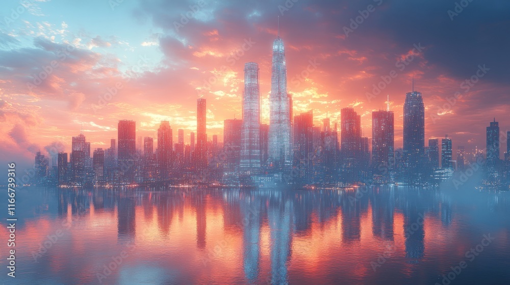 Fototapeta premium A vibrant city skyline at sunset, reflecting on water with a dramatic sky.