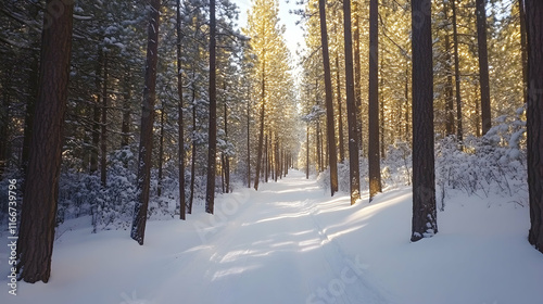 A snowy forest trail with tall pine trees on both sides and soft sunlight filtering through the branches