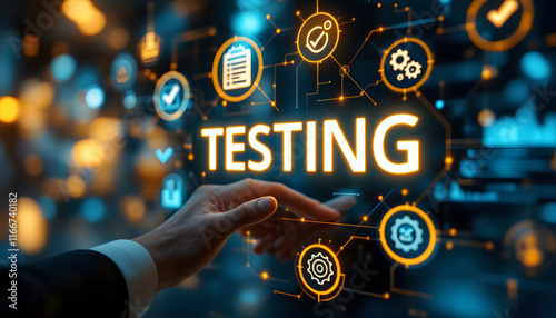 Software Testing Concept, Hand Interacting with Digital Interface, Digital Testing and Quality Assurance, Technology and Analysis