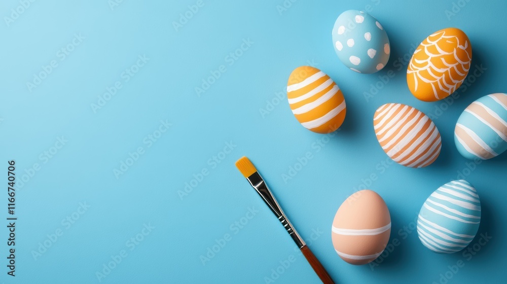 A blue background with a brush and a bunch of painted eggs A blue background with a brush and a bunch of painted eggs