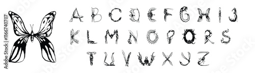 Tech font, digital alphabet, thin Latin letters A, B, C, D, E, F, G, H, I, J, K, L, M, N, O, P, Q, R, S, T, U, V, W, X, Y, Z and Arab numerals 0, 1, 2, 3, 4, 5, 6, 7, 8, 9 made in design cyber future

