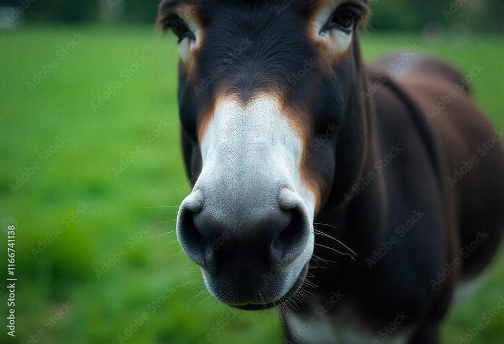 Obraz premium Donkey face macro shot. Detailed close up shot portrait of mule nose. Banner for animal welfare. Veterinary care for pets. Pet care, animals concept background, poster, print, design card, flyer.
