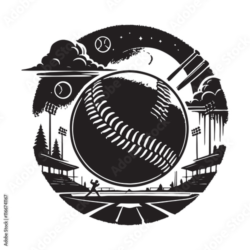 Softball Silhouette Vector Illustration, Solid White Background.