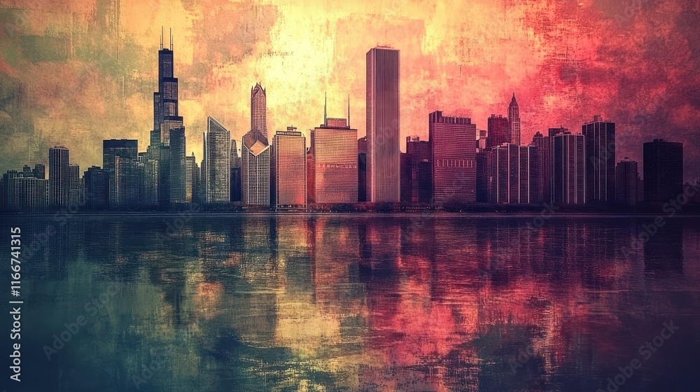Obraz premium A vibrant city skyline reflected on water during sunset, showcasing urban beauty and colors.