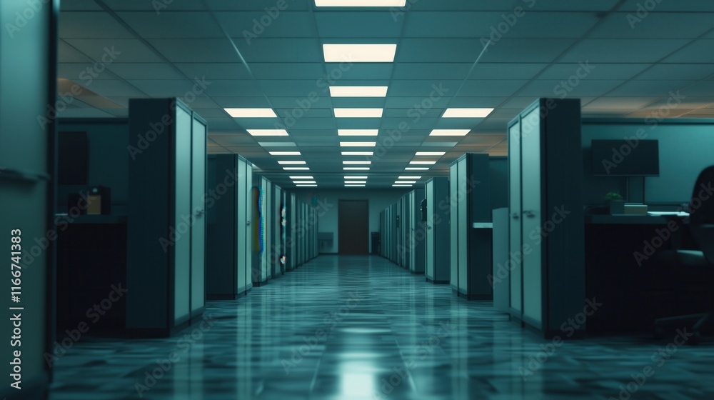 Empty Office Corridor at Nighttime, Deserted Cubicles Empty Office Corridor at Nighttime, Deserted Cubicles
