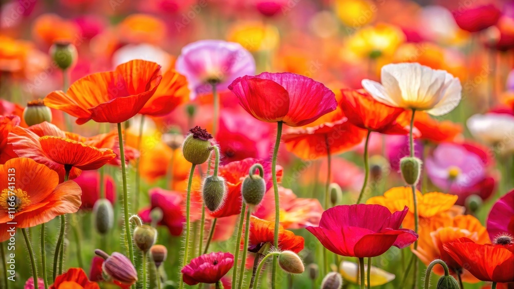 Fototapeta premium Vibrant display of blooming poppy flowers in various shades of red, pink, and orange, poppies, flowers, blooming, bright
