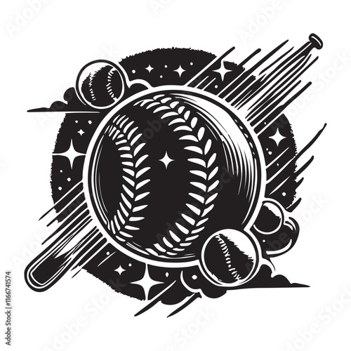Softball Silhouette Vector Illustration, Solid White Background.