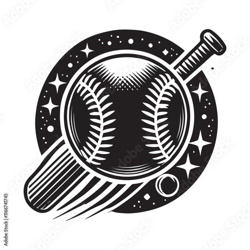 Softball Silhouette Vector Illustration, Solid White Background.