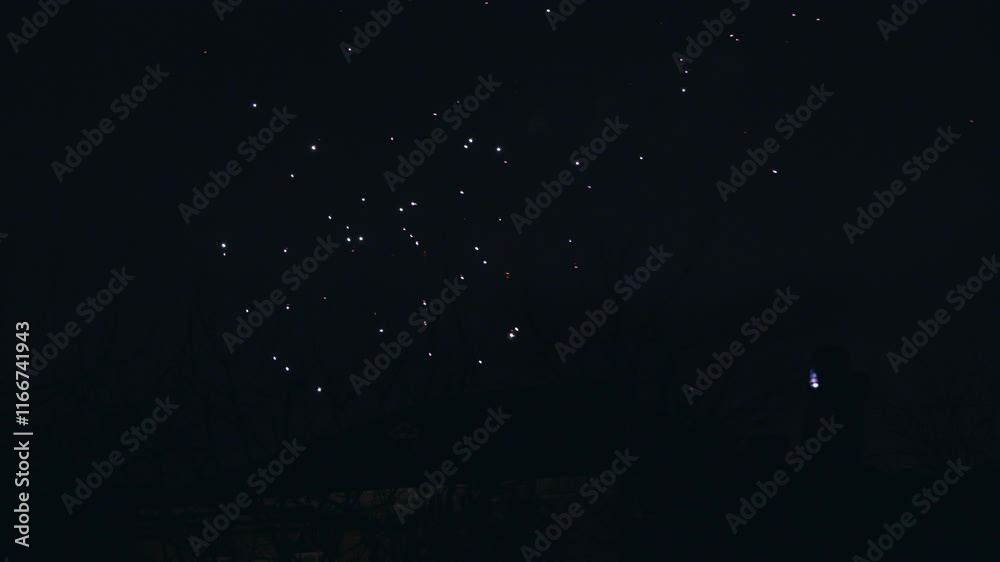 Fireworks on night sky. New year's eve fireworks celebration. Chinese new year or Independence day and pyrotechnic