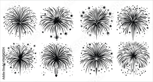 Black firework burst vector silhouettes collection, Fireworks exploding vector silhouettes, Decorative firework bursts silhouettes, Fireworks vector silhouettes for design elements