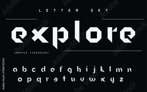 Futuristic modern techno sci fi bold display stencil font, abstract geometric clean monospaced letter set explore typeface
