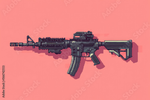 Pixel art illustration of a black assault rifle on a pink background. photo