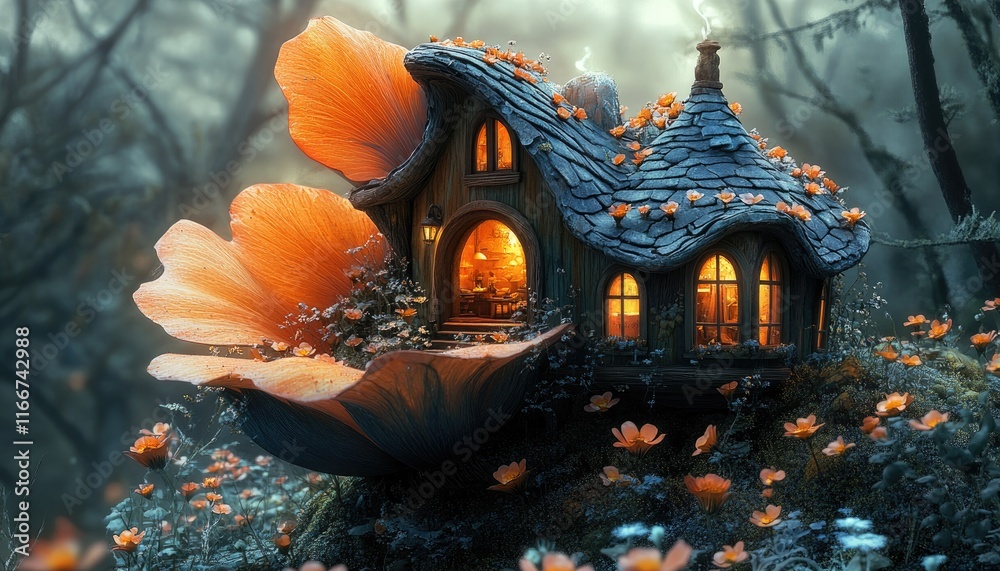 Fototapeta premium Whimsical Flower House with Warm Light in Enchanted Forest Setting