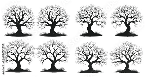 Abstract tree without leaves icon vector, Black silhouettes of a leafless tree, Abstract leafless tree silhouette in forest, Tree without leaves silhouettes, Black silhouettes of leafless tree vector