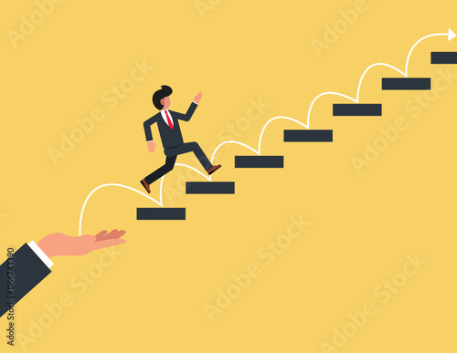 Business helping hand, Step or progress to success and reach goal target. Businessman run up stair to success.