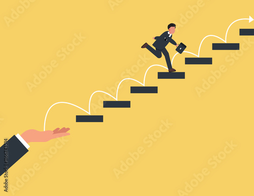 Ladder or staircase to achieve goal, Step or progress to success and reach goal target. Businessman run up stair to success.