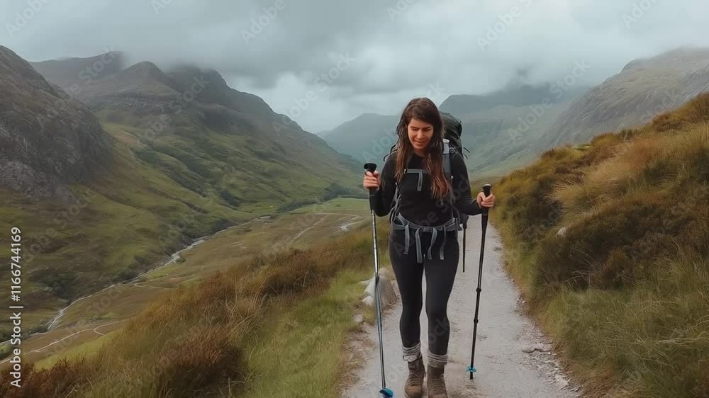 A young woman hiking up a trail in the Irish mountains, holding ...
