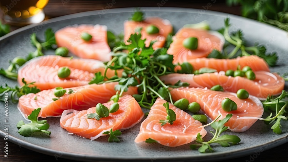 A platter of fresh, raw salmon carpaccio slices accompanied by arugula and onion A platter of fresh, raw salmon carpaccio slices accompanied by arugula and onion