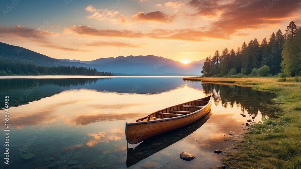 A serene image of a canoe in a gorgeous lake at sunset, with no one in sight. wooden boat in the lake's placid freshwater. calm nature wallpape . A serene image of a canoe in a gorgeous lake at sunset, with no one in sight. wooden boat in the lake's placid freshwater. calm nature wallpape .