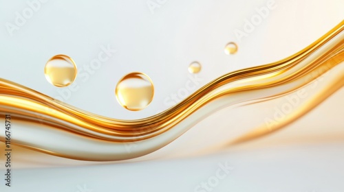 A gold and white wave with three drops of oil on it