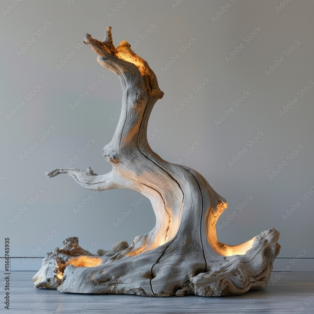 Naklejka premium Captivating Driftwood Sculpture with Flowing Organic Curves and Textured Surfaces Showcasing the Beauty of Natural Materials in Contemporary Art Design