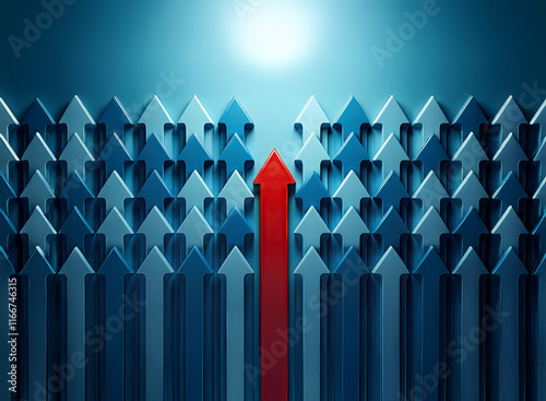 A single red arrow stands out, pointing upward among a multitude of smaller, blue arrows.  It symbolizes leadership, standing out from the crowd, and achieving success.