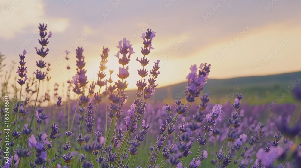 Naklejka premium Sunset Serenity: Lavender Fields at Golden Hour