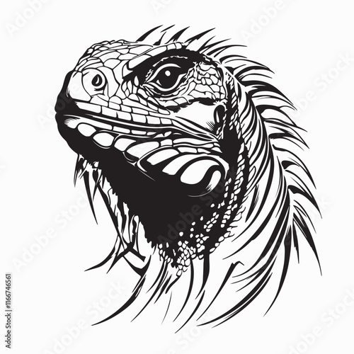 Iguana Vector Art. Black and white iguana head image vector.