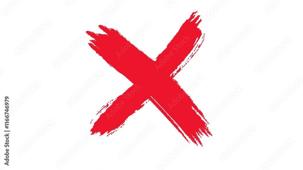 Abstract red cross painted by wide brush strokes on white background. Animation. red X letter, crossed lines, denial concept.