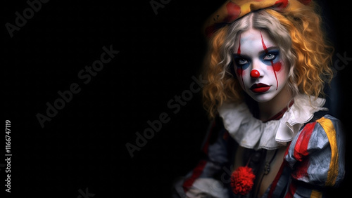 Makeup of evil black clown. Scary girl with black hair and clown makeup.   Black clowness. Devil's laugh. Gloomy gothic female clown with black and white makeup and black lips. Generated AI.