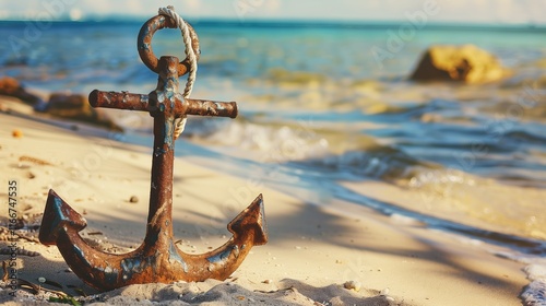 Close-up of a rusted anchor with visible cracks and wear resting on a sandy beach, symbolizing damage and neglect. Maritime and nautical themes, aging and decay concepts. photo