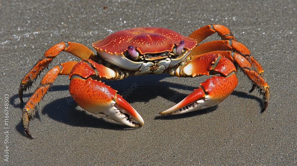 A vibrant crab with orange claws and a red shell on a sandy beach. A vibrant crab with orange claws and a red shell on a sandy beach.