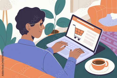 woman or person shopping online using laptop at home